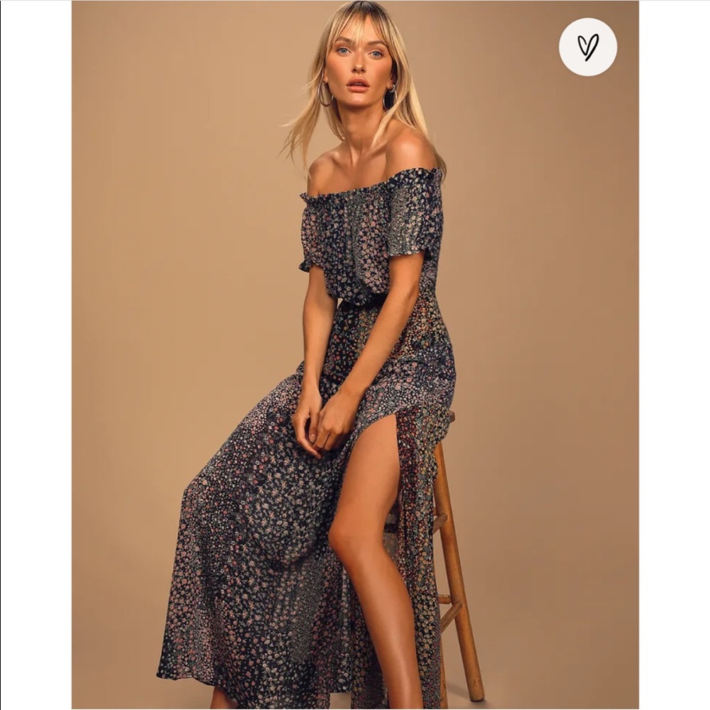 Navy Floral Print Off-the-Shoulder Maxi